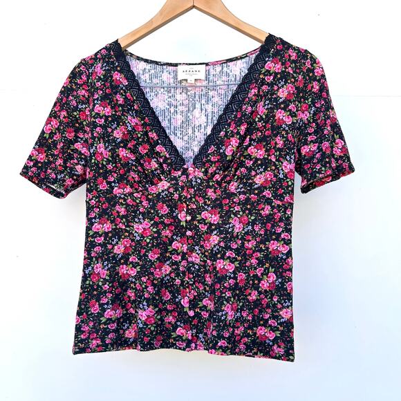 Sezane Jamie Floral Pink Black T-Shirt Blouse Feminine Romantic Dainty Medium - Picture 3 of 9